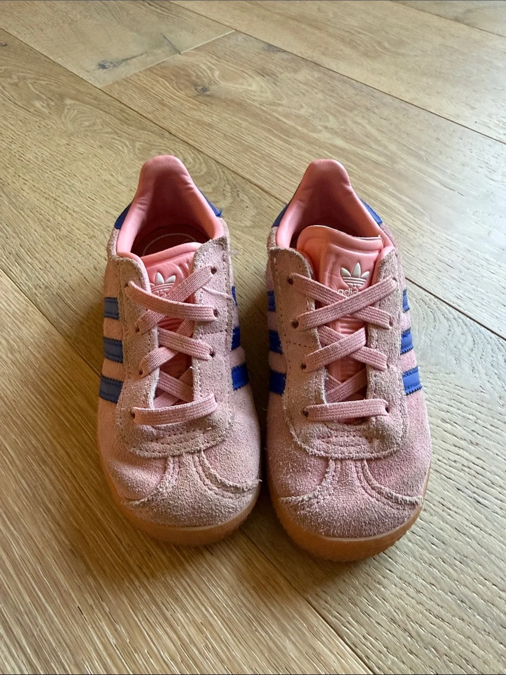adidas Kids Pink Suede Sneakers with Blue Stripes